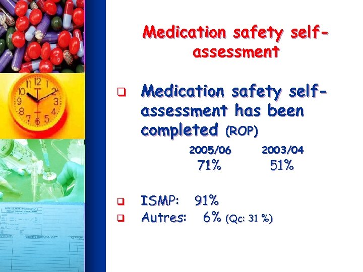 Medication safety selfassessment q Medication safety selfassessment has been completed (ROP) 2005/06 71% q