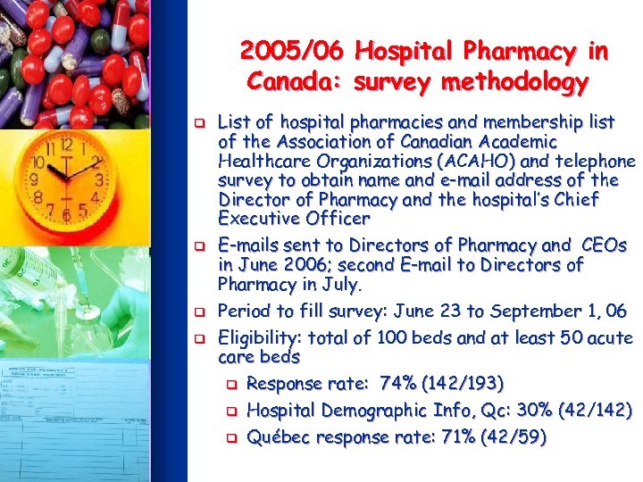 2005/06 Hospital Pharmacy in Canada: survey methodology q q List of hospital pharmacies and