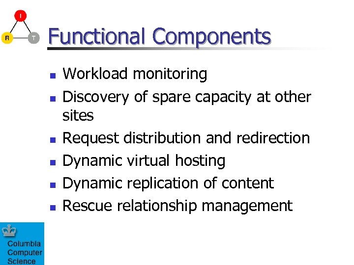 Functional Components n n n Workload monitoring Discovery of spare capacity at other sites