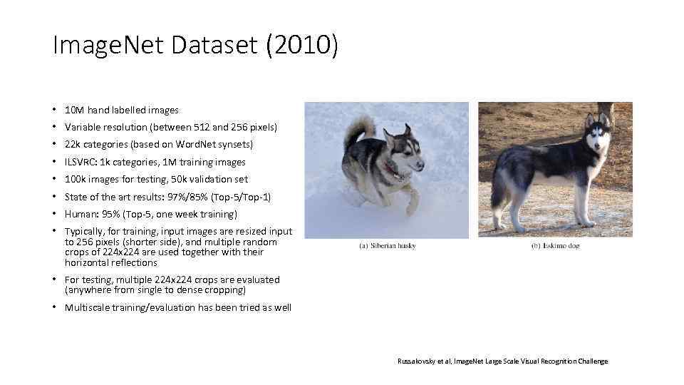 Image. Net Dataset (2010) • 10 M hand labelled images • Variable resolution (between