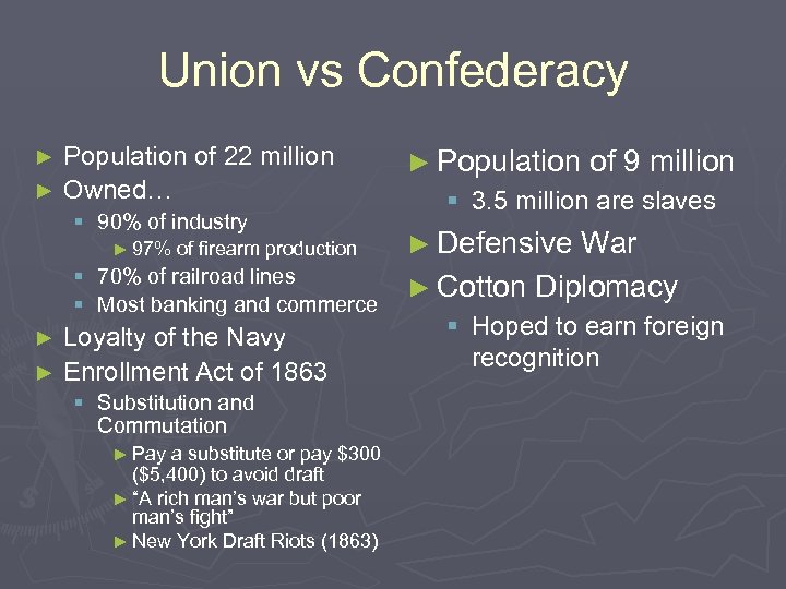 Union vs Confederacy Population of 22 million ► Owned… ► § 90% of industry