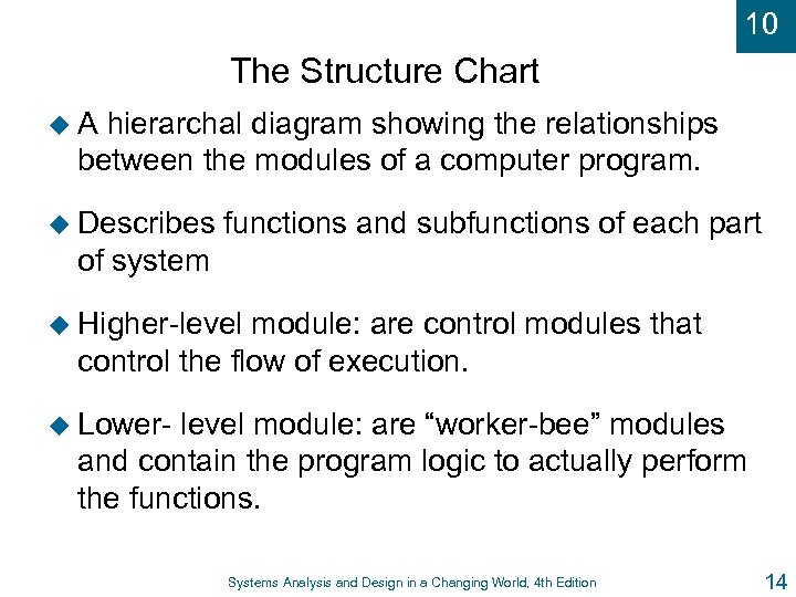 10 The Structure Chart u. A hierarchal diagram showing the relationships between the modules