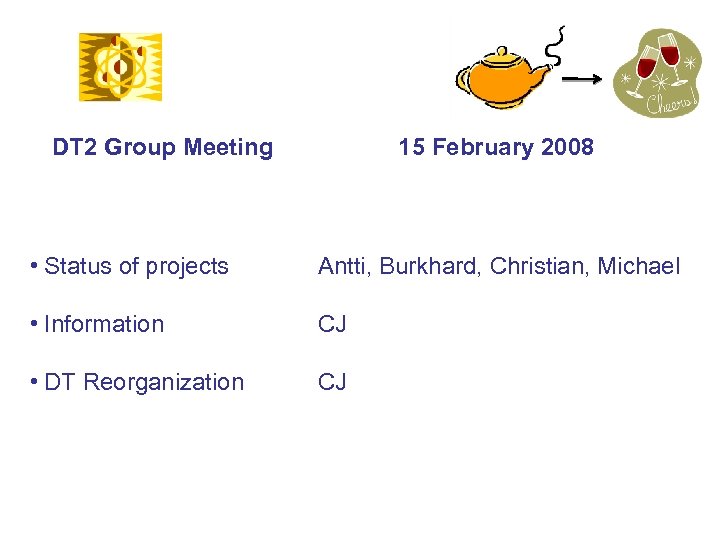 DT 2 Group Meeting 15 February 2008 • Status of projects Antti, Burkhard, Christian,