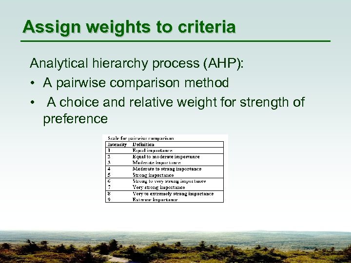 Assign weights to criteria Analytical hierarchy process (AHP): • A pairwise comparison method •