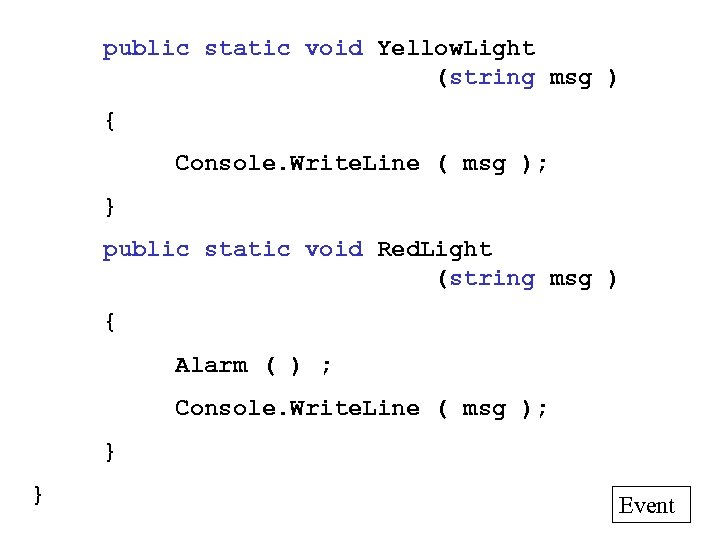 public static void Yellow. Light (string msg ) { Console. Write. Line ( msg