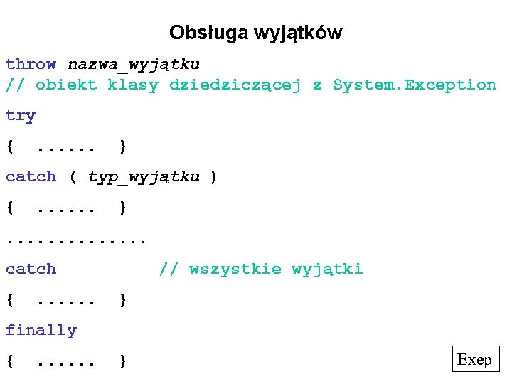 Obsługa wyjątków throw nazwa_wyjątku // obiekt klasy dziedziczącej z System. Exception try { .