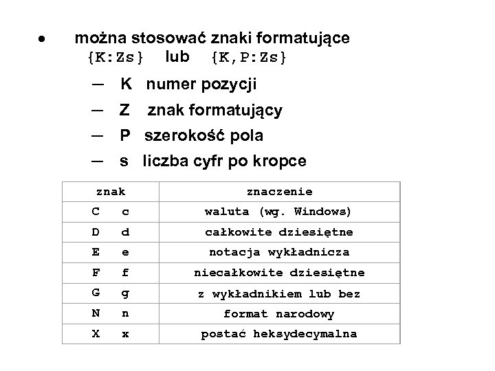  można stosować znaki formatujące {K: Zs} lub {K, P: Zs} ─ K numer