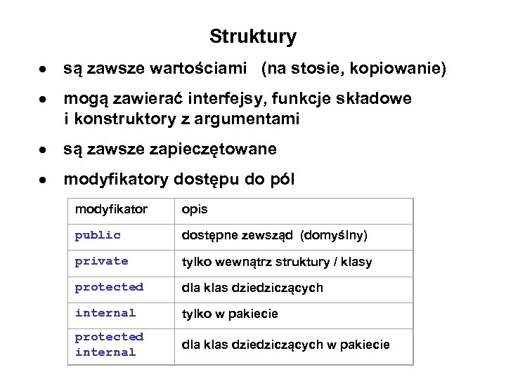 Struktury są zawsze wartościami (na stosie, kopiowanie) mogą zawierać interfejsy, funkcje składowe i konstruktory