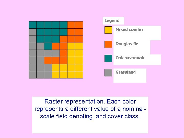 Legend Mixed conifer Douglas fir Oak savannah Grassland Raster representation. Each color represents a