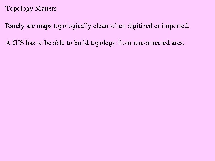 Topology Matters Rarely are maps topologically clean when digitized or imported. A GIS has