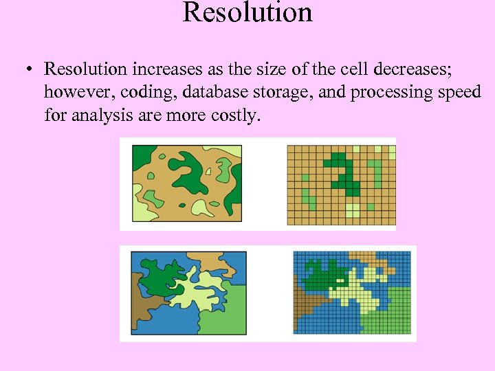 Resolution • Resolution increases as the size of the cell decreases; however, coding, database
