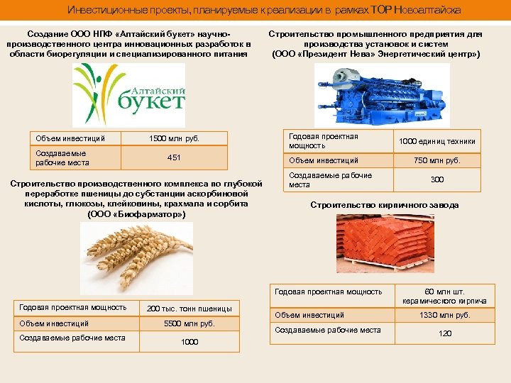 Инвестиционные проекты, планируемые к реализации в рамках ТОР Новоалтайска Создание ООО НПФ «Алтайский букет»