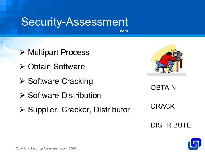 Security-Assessment. com Ø Multipart Process Ø Obtain Software Ø Software Cracking Ø Software Distribution