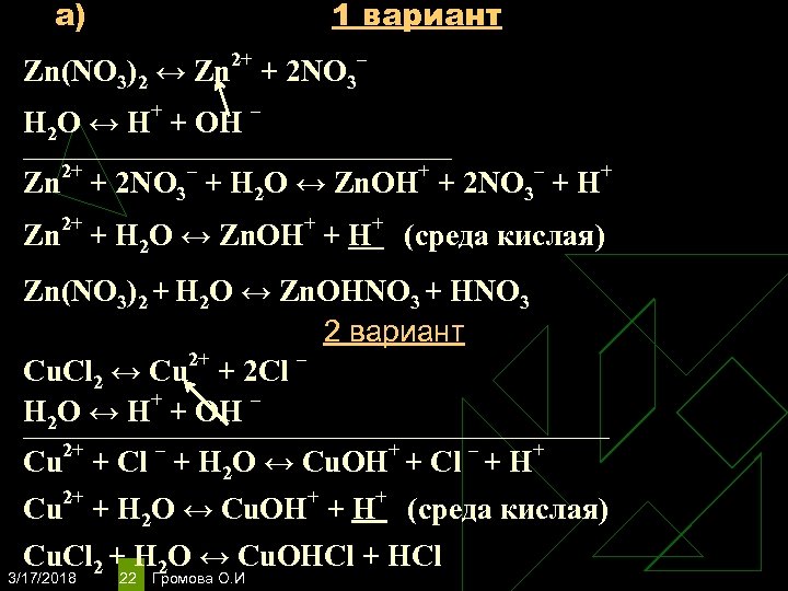 а) 1 вариант 2+ Zn(NO 3)2 ↔ Zn + + Н 2 O ↔