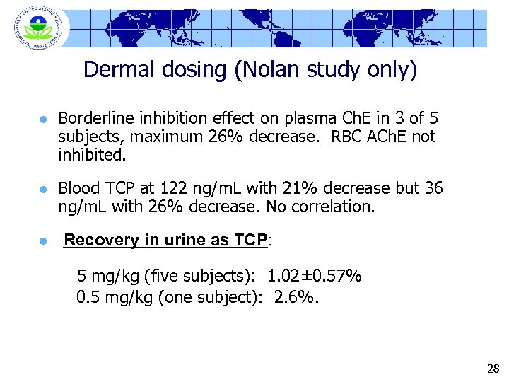 Dermal dosing (Nolan study only) l Borderline inhibition effect on plasma Ch. E in