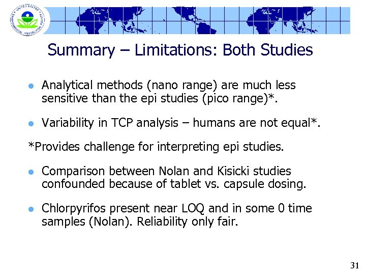 Summary – Limitations: Both Studies l Analytical methods (nano range) are much less sensitive