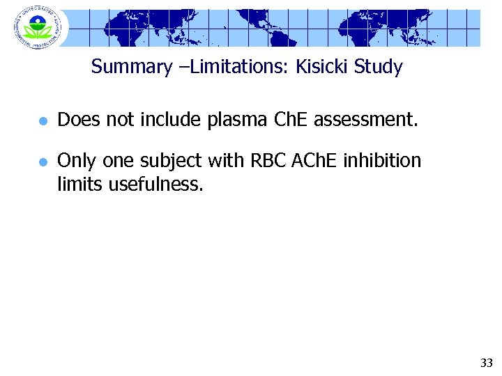 Summary –Limitations: Kisicki Study l l Does not include plasma Ch. E assessment. Only