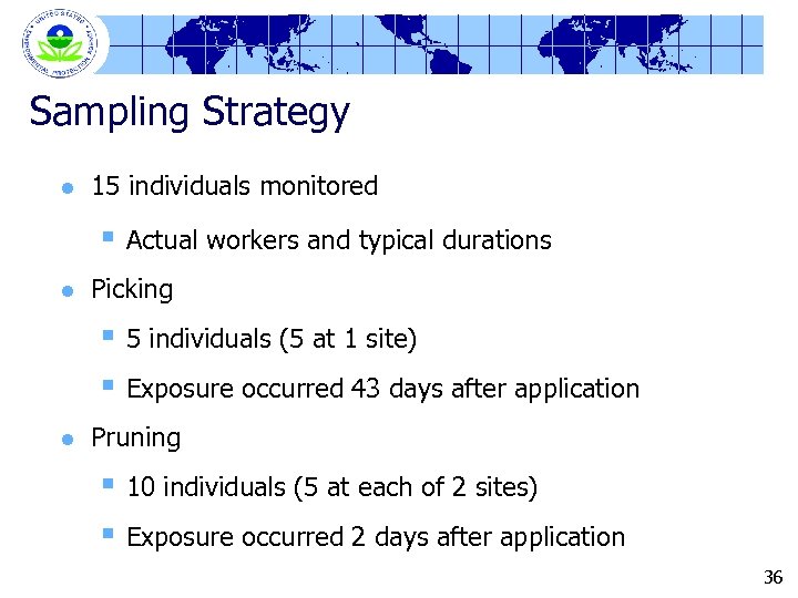 Sampling Strategy l 15 individuals monitored § Actual workers and typical durations l Picking