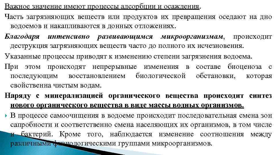 Важное значение имеют процессы адсорбции и осаждения. Часть загрязняющих веществ или продуктов их превращения