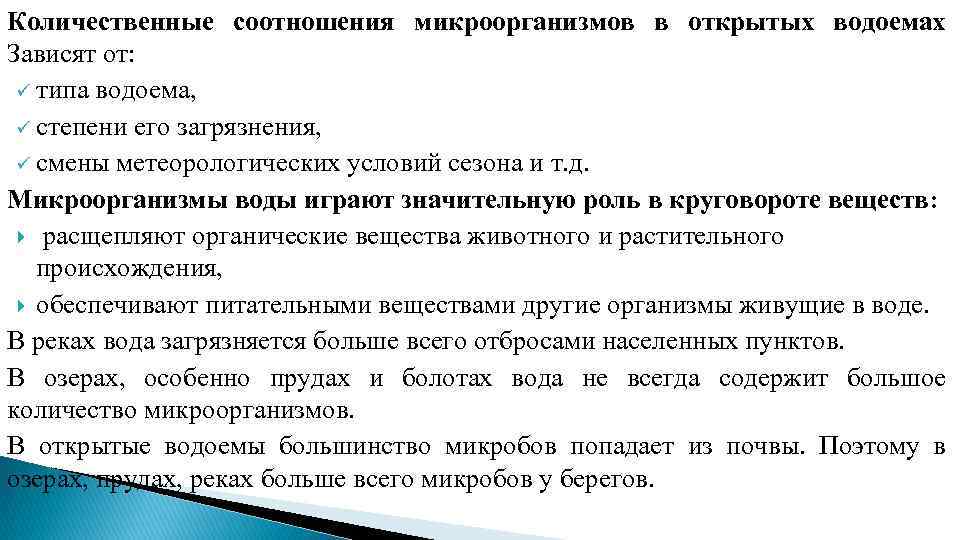 Количественные соотношения микроорганизмов в открытых водоемах Зависят от: ü типа водоема, ü степени его
