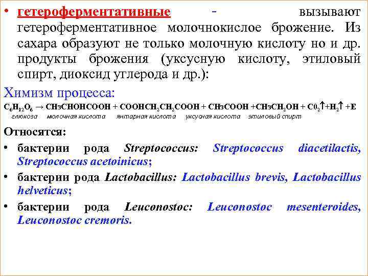  • гетероферментативные - вызывают гетероферментативное молочнокислое брожение. Из сахара образуют не только молочную