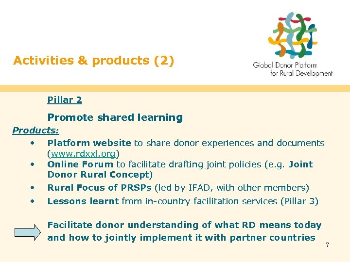 Activities & products (2) Pillar 2 Promote shared learning Products: • Platform website to
