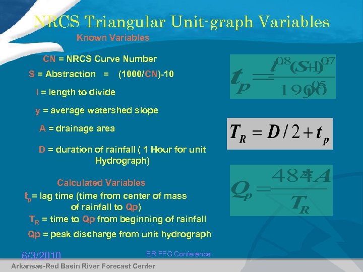 NRCS Triangular Unit-graph Variables Known Variables CN = NRCS Curve Number S = Abstraction