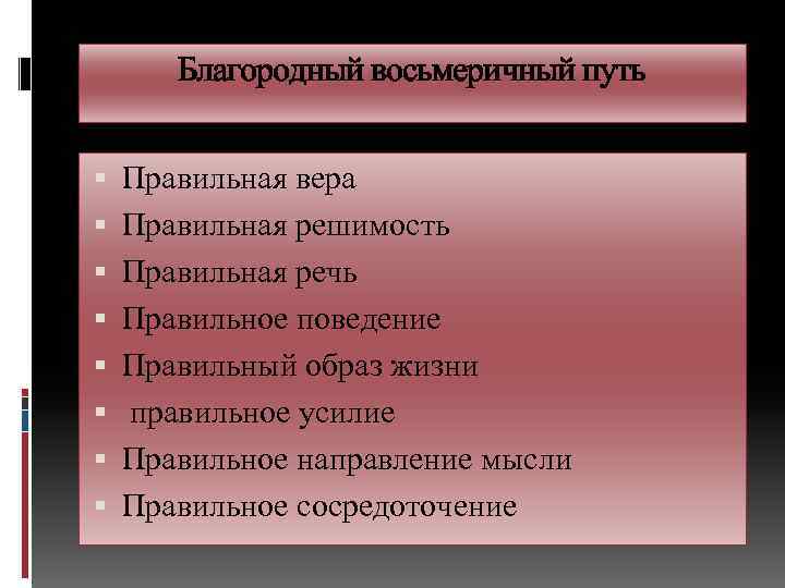 Благородный восьмеричный путь Правильная вера Правильная решимость Правильная речь Правильное поведение Правильный образ жизни