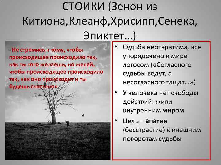 СТОИКИ (Зенон из Китиона, Клеанф, Хрисипп, Сенека, Эпиктет…) «Не стремись к тому, чтобы происходящее