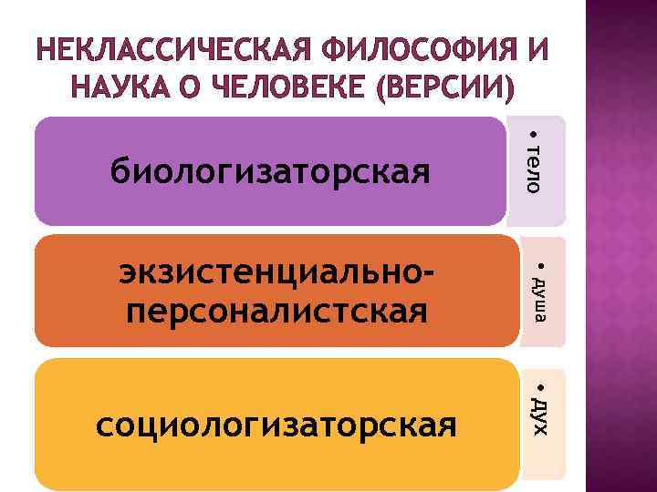 НЕКЛАССИЧЕСКАЯ ФИЛОСОФИЯ И НАУКА О ЧЕЛОВЕКЕ (ВЕРСИИ) биологизаторская • тело экзистенциальноперсоналистская • душа социологизаторская