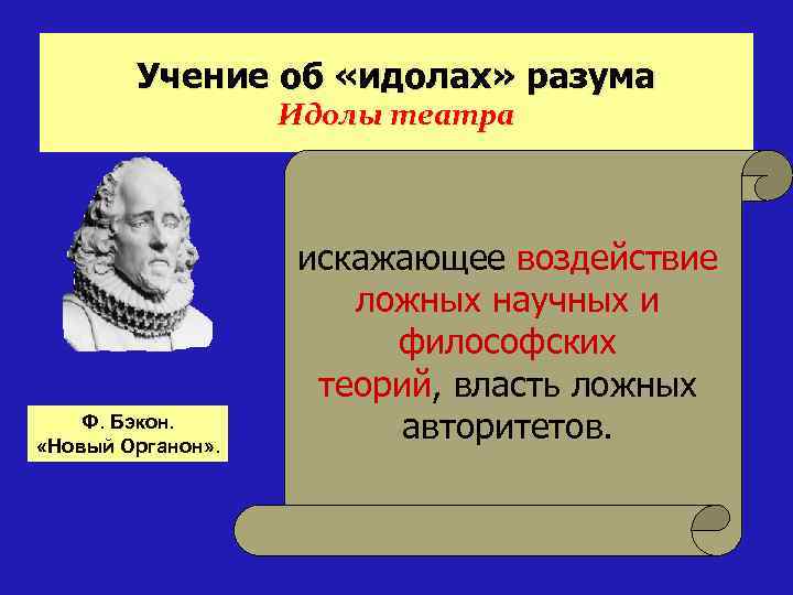 Учение об «идолах» разума Идолы театра Ф. Бэкон. «Новый Органон» . искажающее воздействие ложных