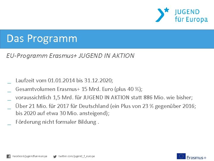 Das Programm EU-Programm Erasmus+ JUGEND IN AKTION Laufzeit vom 01. 2014 bis 31. 12.
