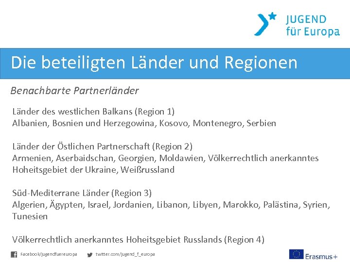 Die beteiligten Länder und Regionen Benachbarte Partnerländer Länder des westlichen Balkans (Region 1) Albanien,
