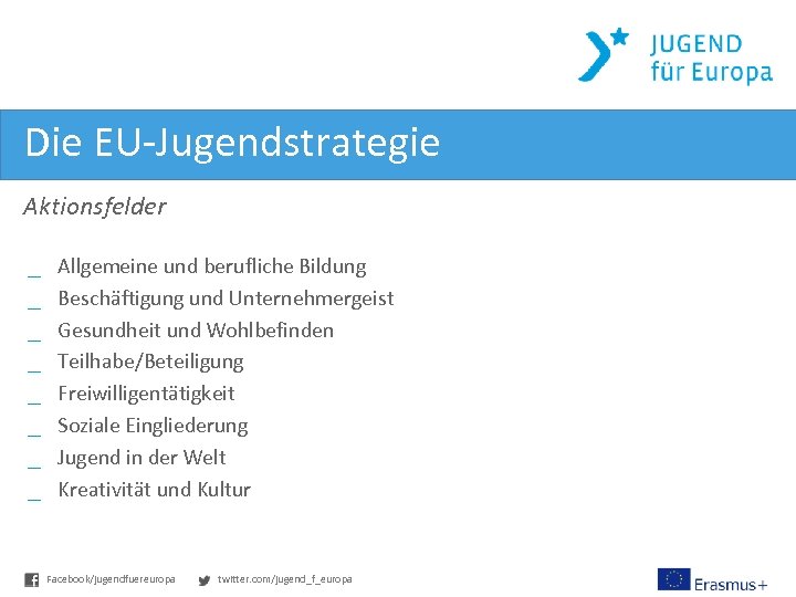 Die EU-Jugendstrategie Aktionsfelder _ _ _ _ Allgemeine und berufliche Bildung Beschäftigung und Unternehmergeist