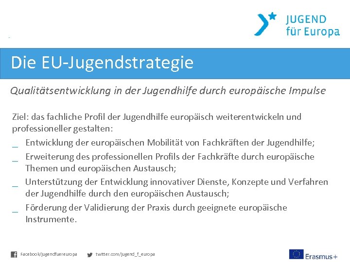 Die EU-Jugendstrategie Qualitätsentwicklung in der Jugendhilfe durch europäische Impulse Ziel: das fachliche Profil der