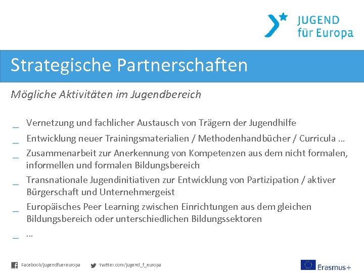 Strategische Partnerschaften Mögliche Aktivitäten im Jugendbereich _ Vernetzung und fachlicher Austausch von Trägern der