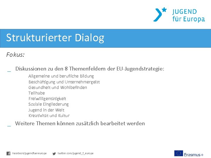 Strukturierter Dialog Fokus: _ Diskussionen zu den 8 Themenfeldern der EU-Jugendstrategie: Allgemeine und berufliche