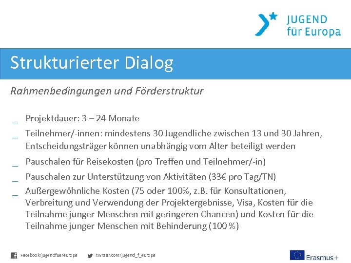 Strukturierter Dialog Rahmenbedingungen und Förderstruktur _ Projektdauer: 3 – 24 Monate _ Teilnehmer/-innen: mindestens