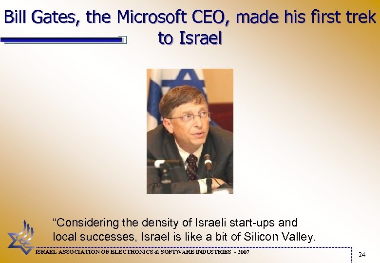 Bill Gates, the Microsoft CEO, made his first trek to Israel “Considering the density
