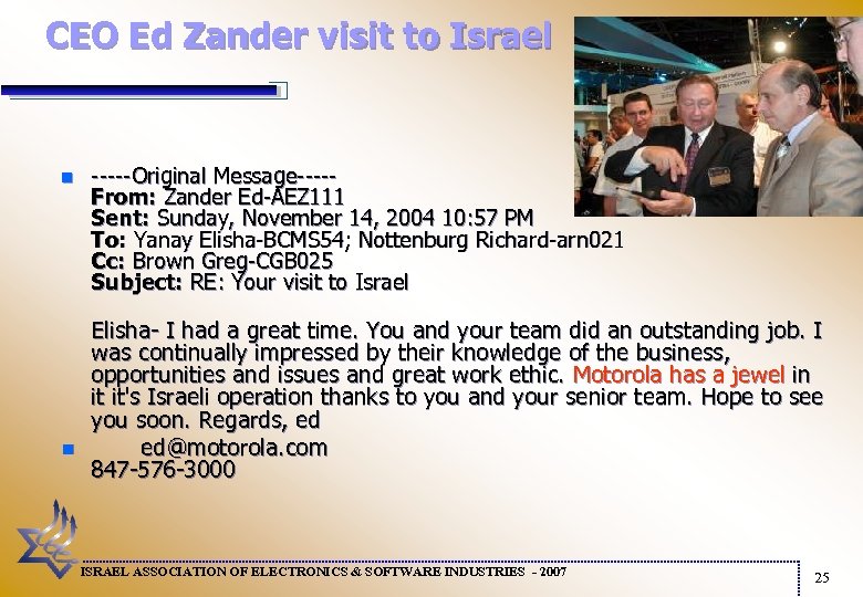 CEO Ed Zander visit to Israel n n -----Original Message----From: Zander Ed-AEZ 111 Sent: