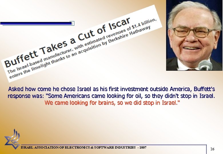 Asked how come he chose Israel as his first investment outside America, Buffett's response