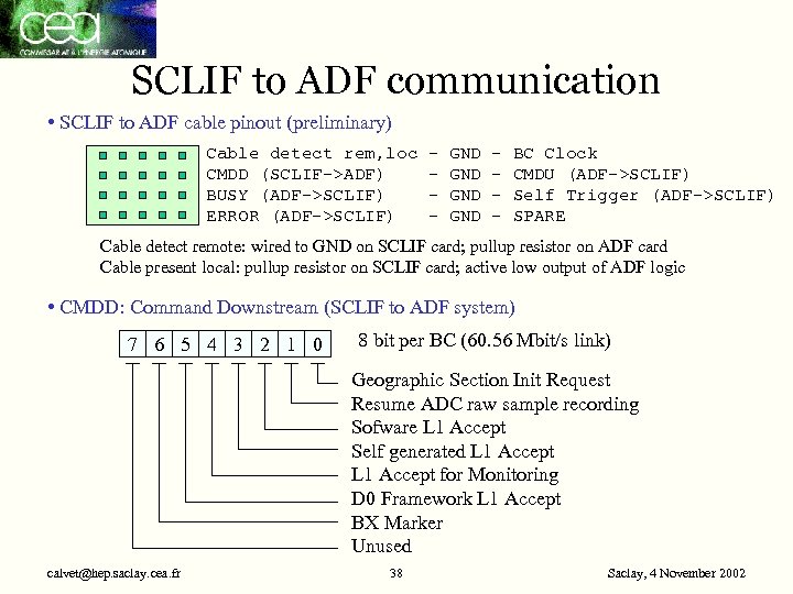 SCLIF to ADF communication • SCLIF to ADF cable pinout (preliminary) Cable detect rem,