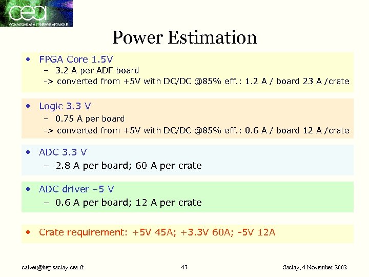 Power Estimation • FPGA Core 1. 5 V – 3. 2 A per ADF