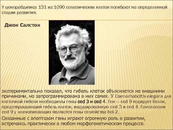 У ценорабдитиса 131 из 1090 соматических клеток погибают на определенной стадии развития. Джон Салстон