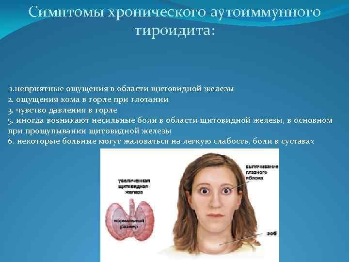 Симптомы хронического аутоиммунного тироидита: 1. неприятные ощущения в области щитовидной железы 2. ощущения кома