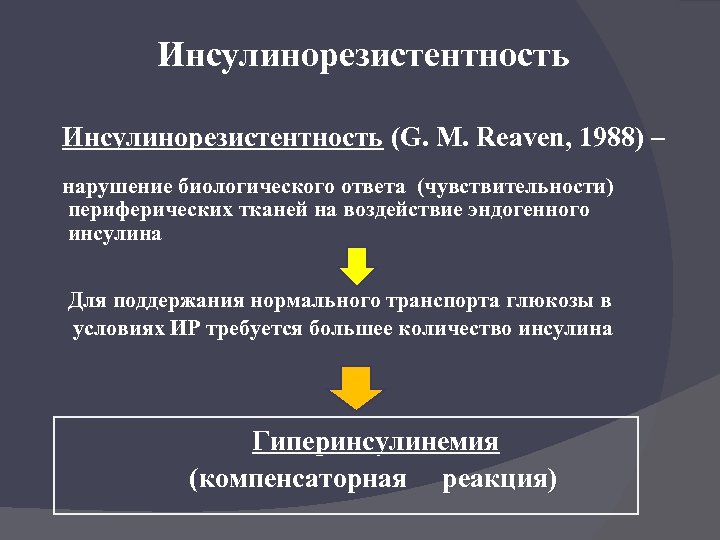 Инсулинорезистентность (G. M. Reaven, 1988) – нарушение биологического ответа (чувствительности) периферических тканей на воздействие