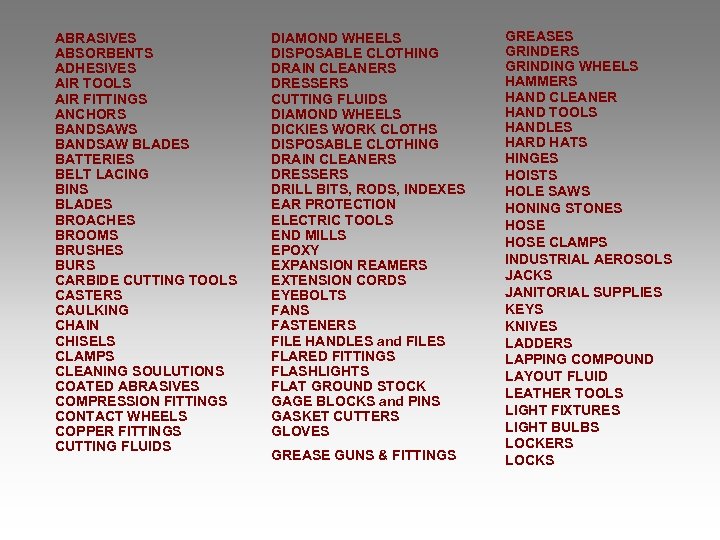 ABRASIVES ABSORBENTS ADHESIVES AIR TOOLS AIR FITTINGS ANCHORS BANDSAW BLADES BATTERIES BELT LACING BINS