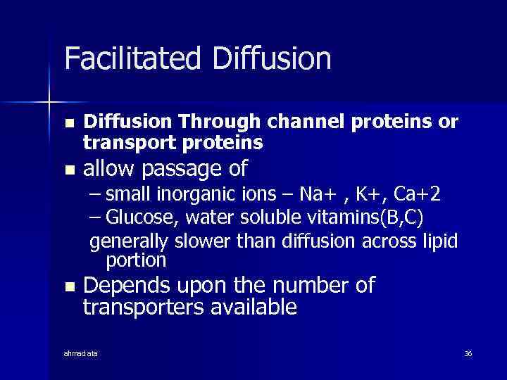 Facilitated Diffusion n n Diffusion Through channel proteins or transport proteins allow passage of