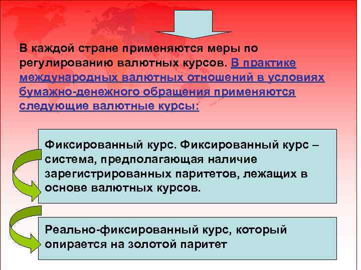 В каждой стране применяются меры по регулированию валютных курсов. В практике международных валютных отношений