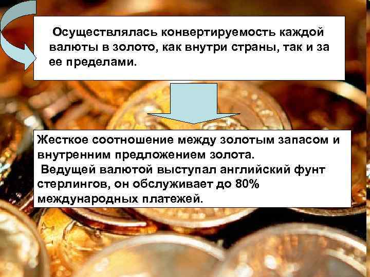 Осуществлялась конвертируемость каждой валюты в золото, как внутри страны, так и за ее пределами.